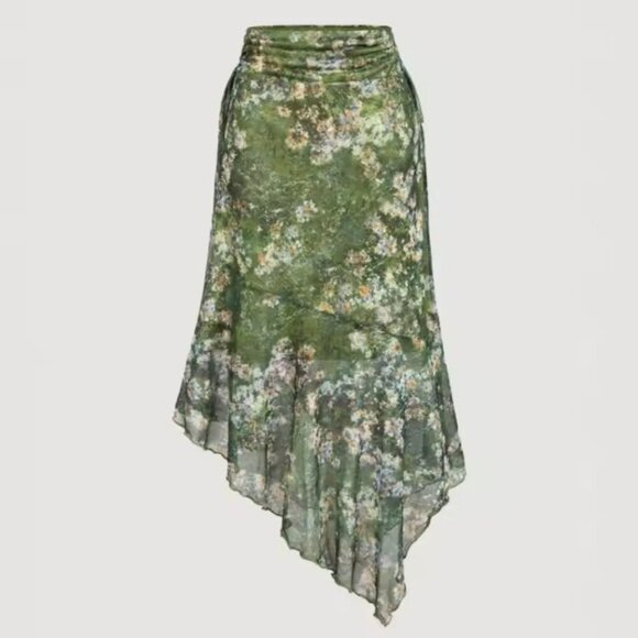 NWOT Y2K Asymmetrical Floral Midi Skirt Sz.M Green Mesh 90s Fairy Grunge Boho - Picture 4 of 11